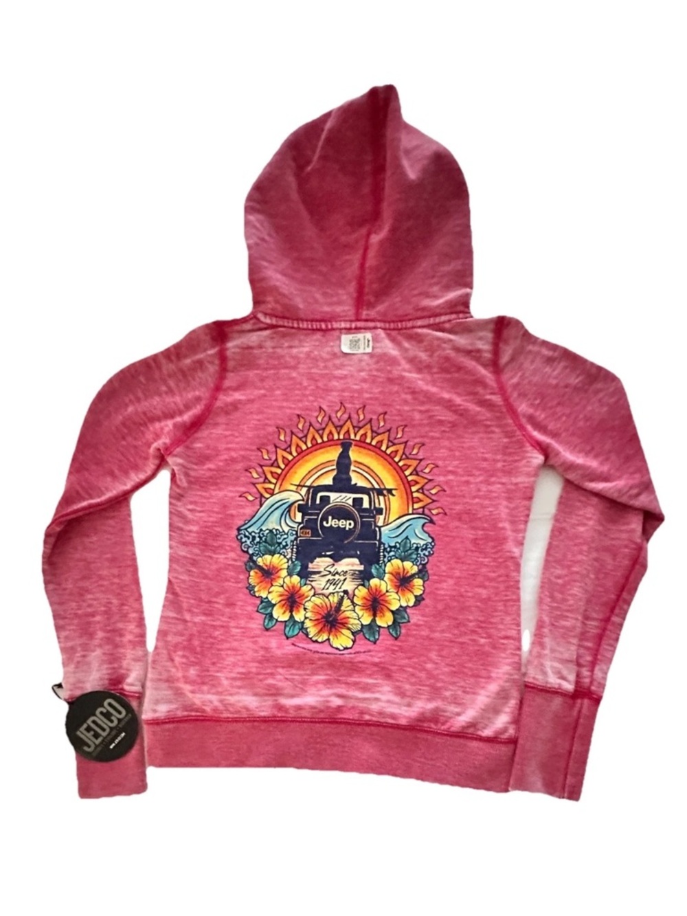 NWT Womens S Distressed Pink Jeep graphic Tropical Beach hoodie from JEDCo